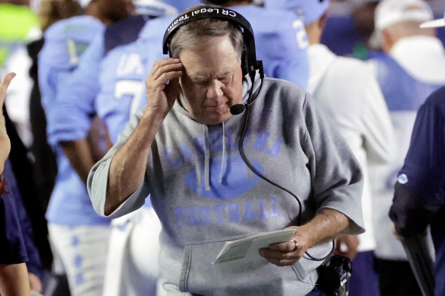 North Carolina head coach Bill Belichick paces the sideline during the first half of an NCAA college football game against TCU, Monday, Sept. 1, 2025, in Chapel Hill, N.C. (AP Photo/Chris Seward)