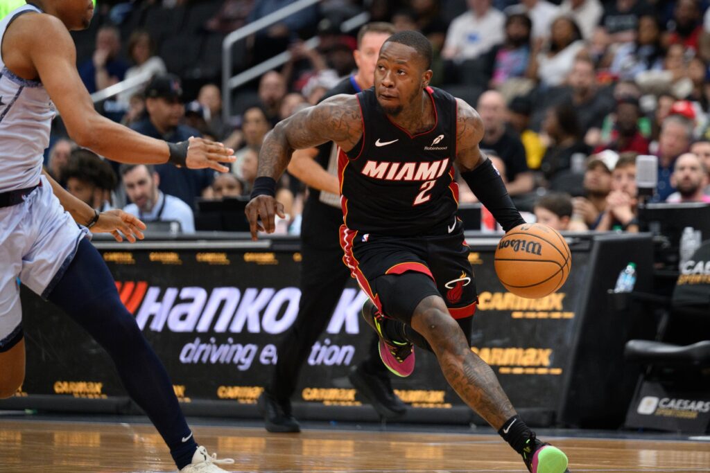Mar 31, 2025; Washington, District of Columbia, USA; Miami Heat guard Terry Rozier (2) handles the ball during the second quarter against the Washington Wizards at Capital One Arena. Mandatory Credit: Reggie Hildred-Imagn Images